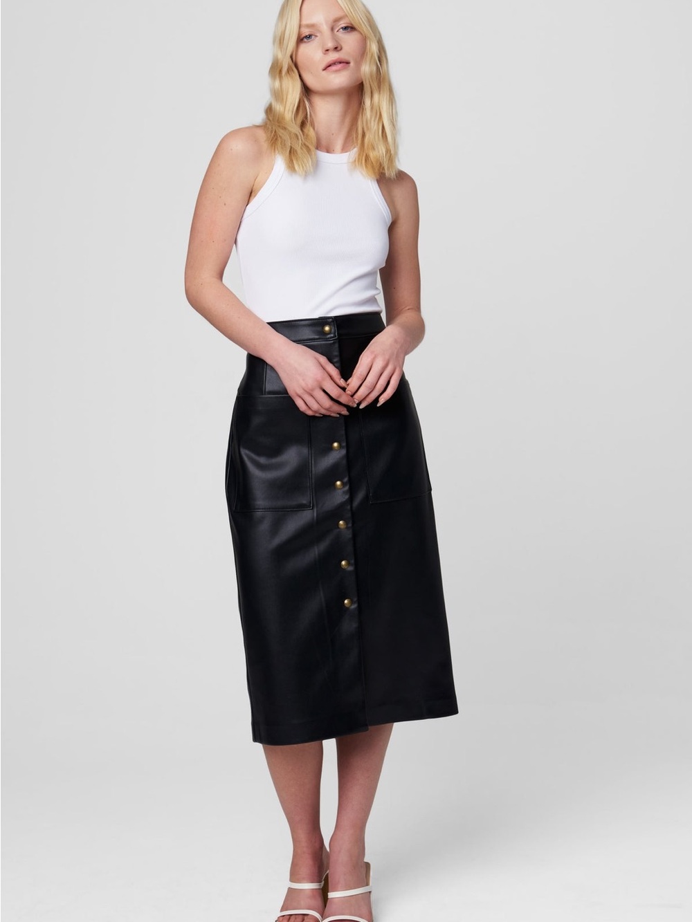 BLANKNYC City Bound Black Vegan Leather Snap Front Midi Skirt Size 27